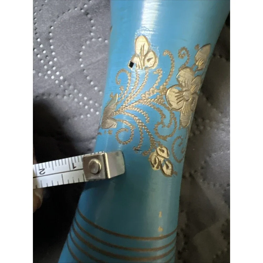 VTG Kashmiri Blue Enamel Brass Vase Hand-Etched Gold Floral Design Home Accent